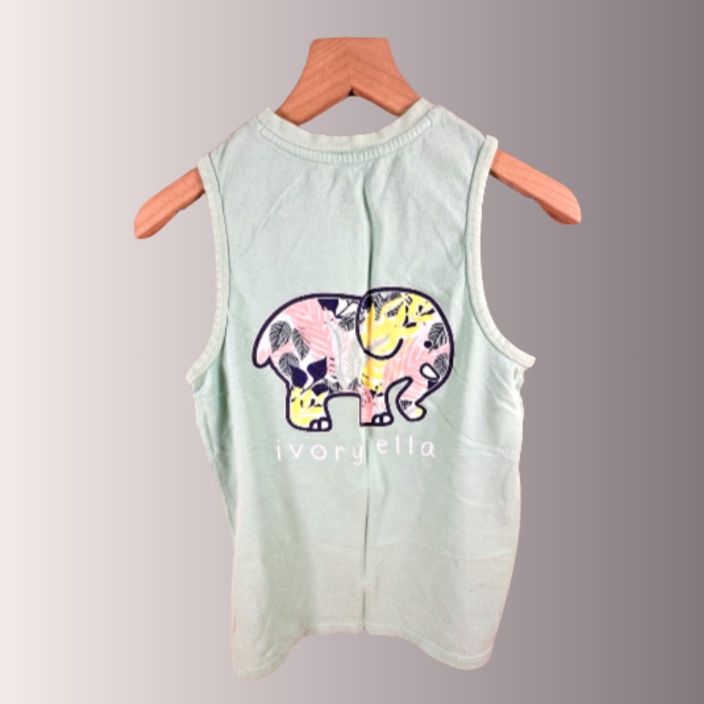 Ivory Ella Womens GREEN Tank Top Organic Cotton Floral Elephant Graphic SMALL